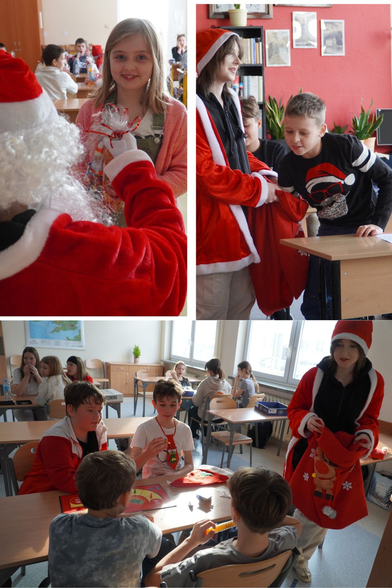 Św. Mikołaj częstuje dzieci cukierkami