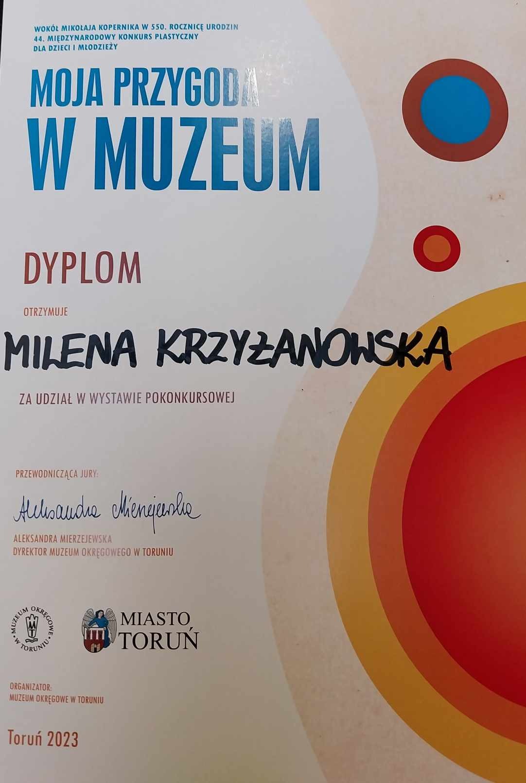 Dyplom dla Mileny w konkursie Moja przygoda w muzeum