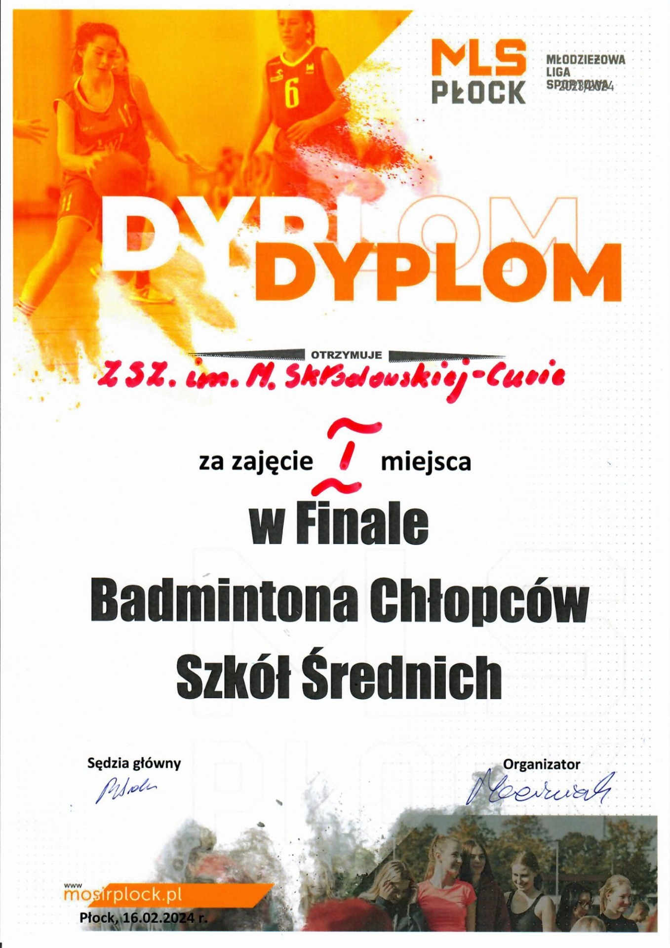 Zawody Młodzieżowej Ligi Sportowej w „Badmintona” — dyplom