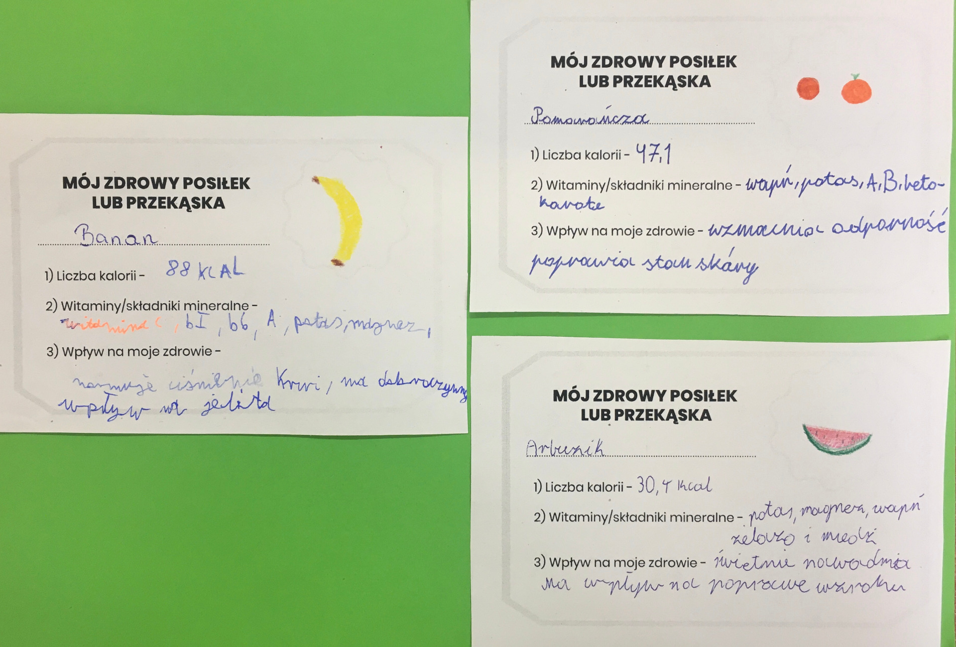 Wypełnione karty pracy uczniów- pomarańcza, banan, arbuz