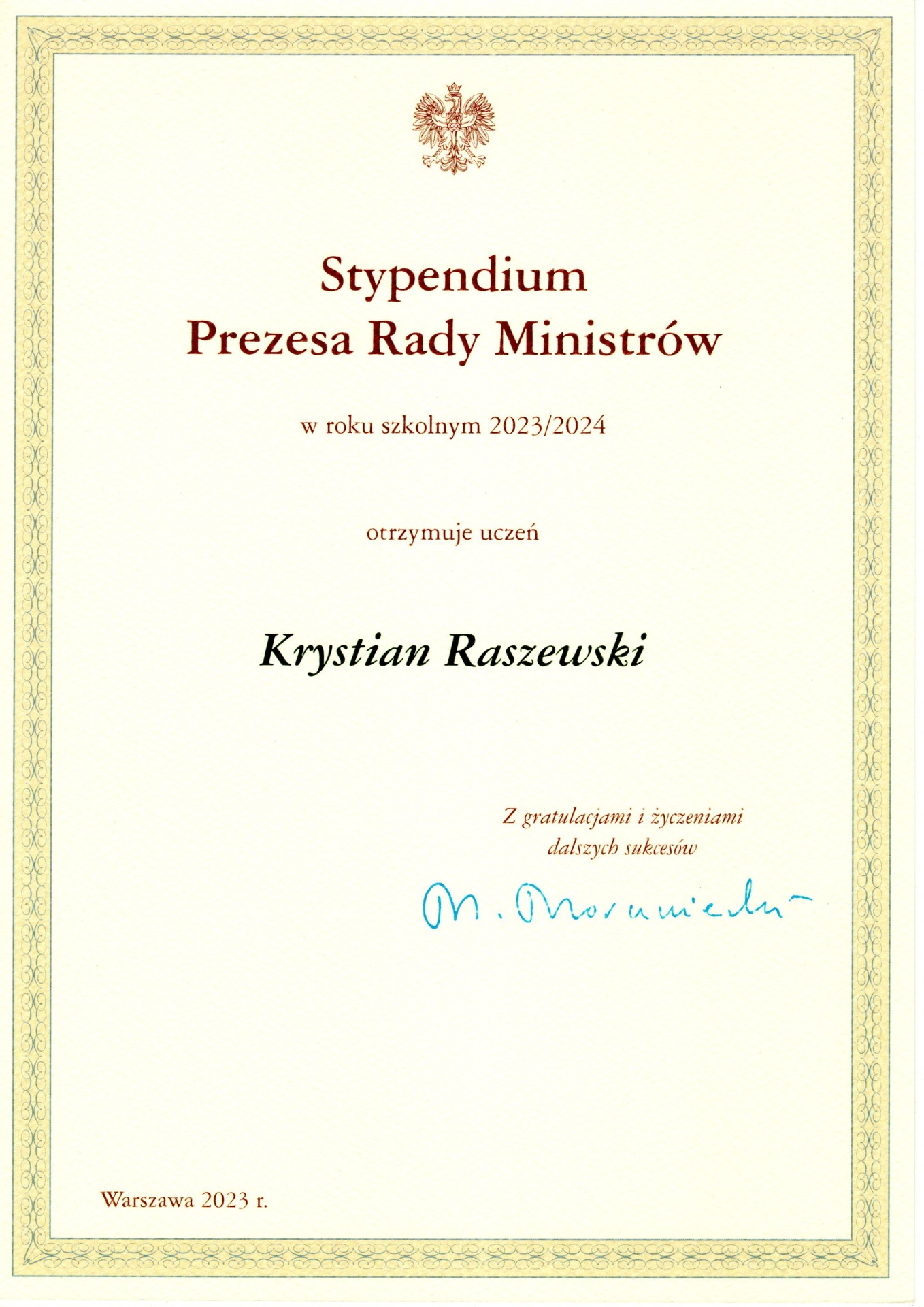 Dyplom - stypendium Prezesa Rady Ministrów dla Krystiana Raszewskiego