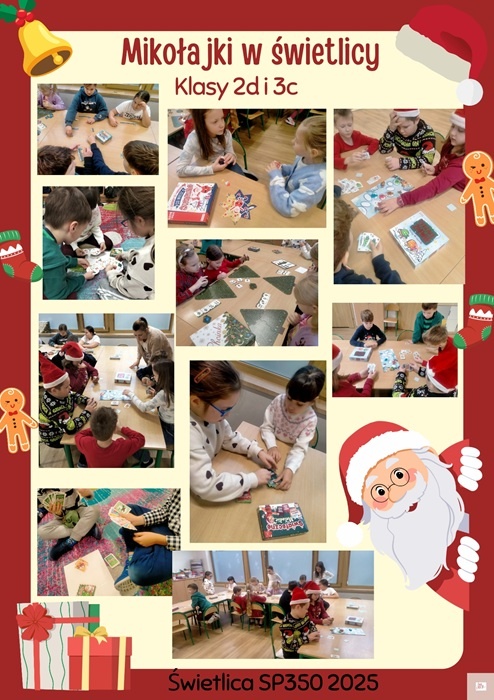 Kolaż zdjęć pokazujących świętujących Mikołajki uczniów.