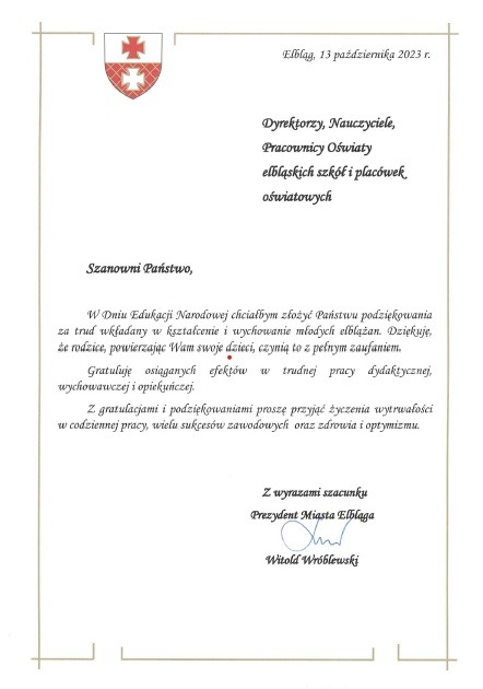 List gratulacyjny od Prezydenta oraz życzenia z okazji Dnia Edukacji Narodowej - Obrazek 2