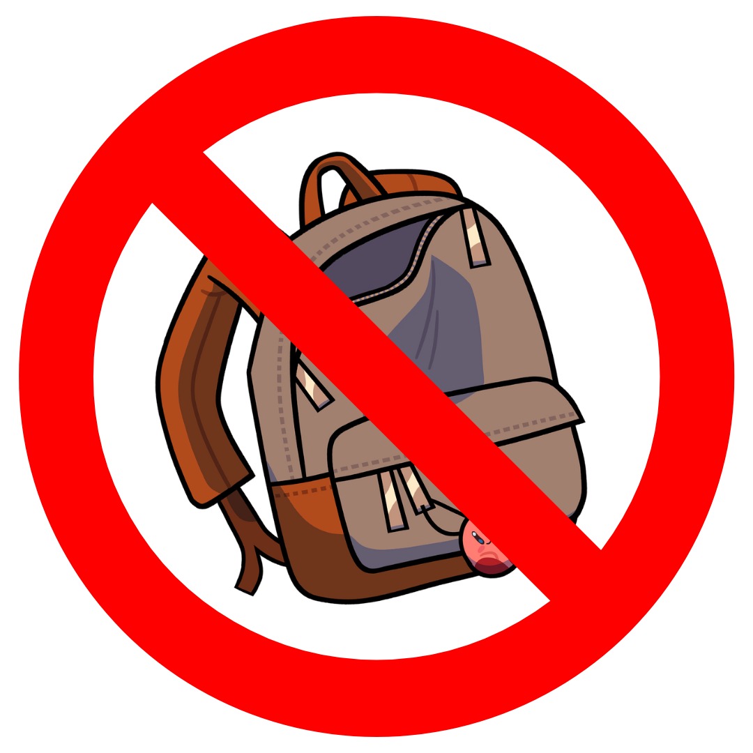 Przekreślony plecak szkolny. Znak - zakaz używania plecaków. 