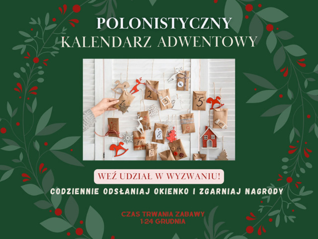 Plakat zachęcający do udziału w akcji pt: Polonistyczny kalendarz adwentowy"