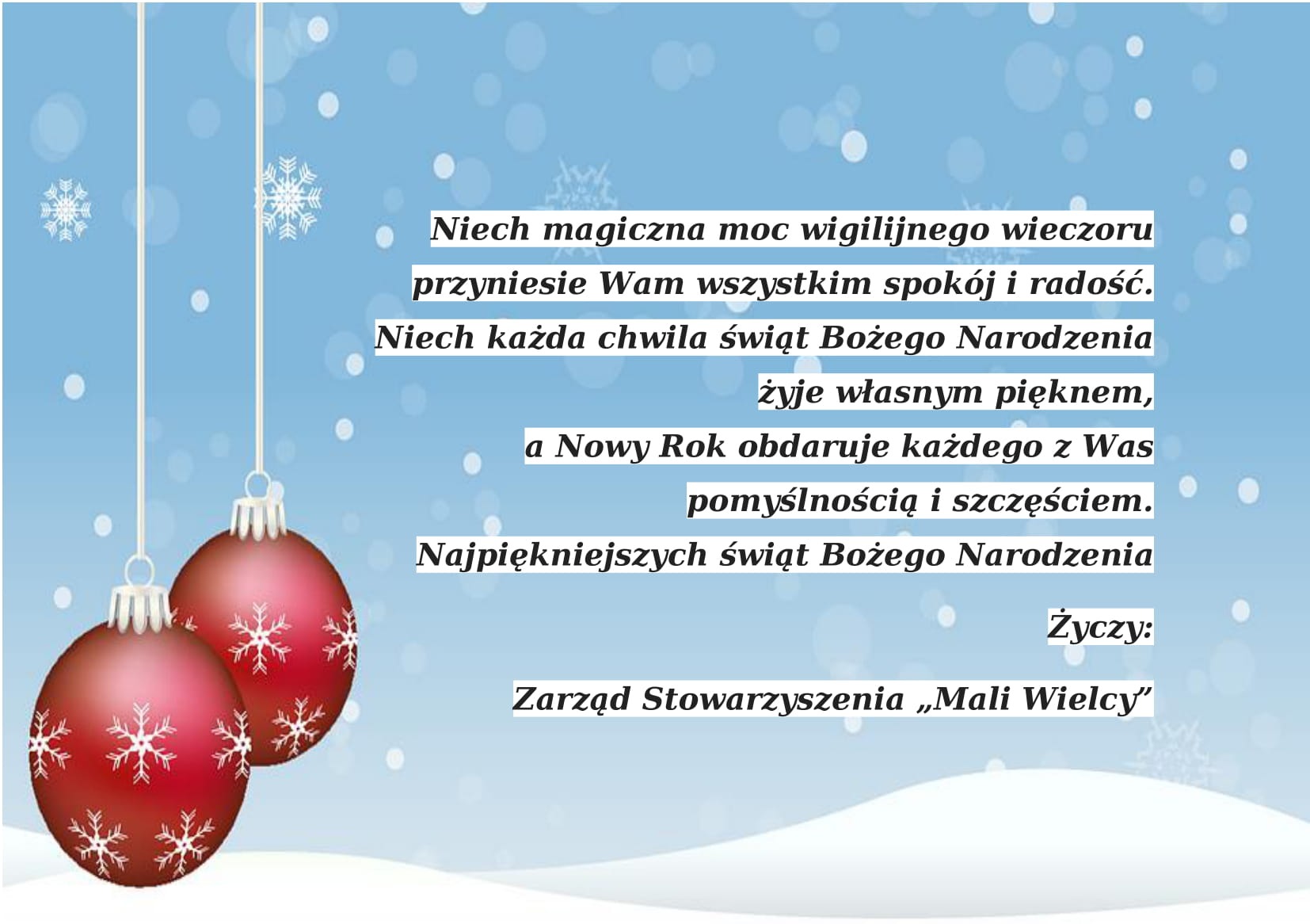 Życzenia świąteczne od Zarządu Stowarzyszenia "Mali Wielcy" - Obrazek 1