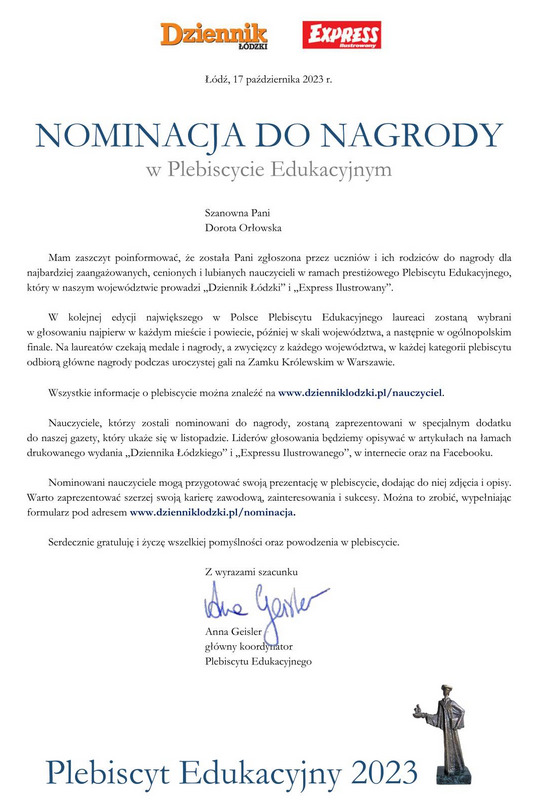 Nominacje do nagrody w Plebiscycie Edukacyjnym Dziennika Łódzkiego!