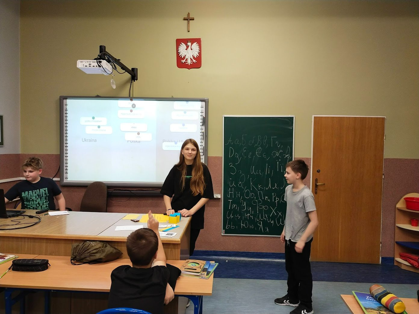 Uczniowie z Ukrainy prowadzący gry geograficzne dla uczniów.