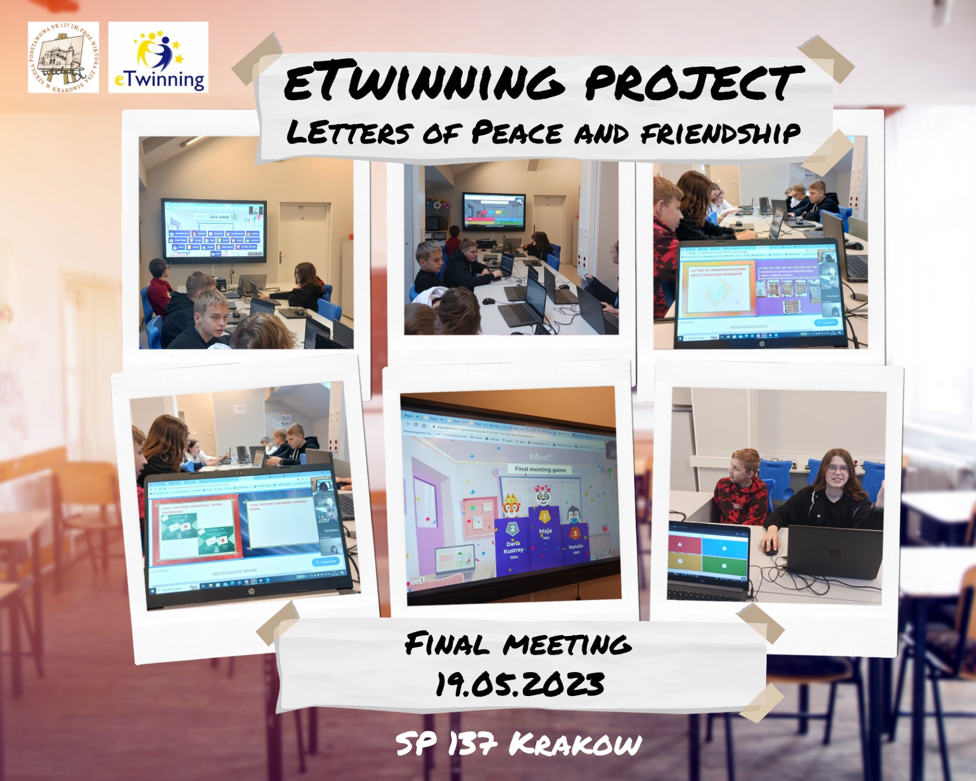 W dniu dzisiejszym Uczniowie klasy 6 uczestniczyli w finałowym spotkaniu międzynarodowego projektu eTwinnig "Listy o pokoju i przyjaźni".  Podsumowaliśmy wspólne działania i zagraliśmy w quiz z wiedzy o projekcie, który wygrała Maja 👏❤️👏 - Obrazek 1