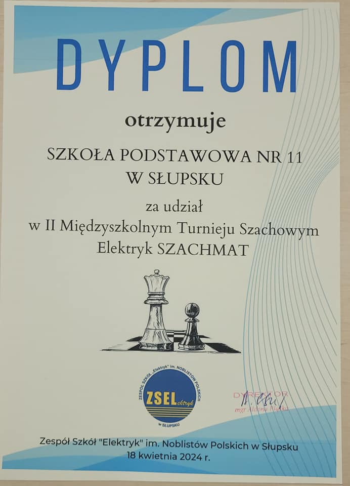 Dyplom udziału turnieju szachowego w Zespole Szkół Elektryk